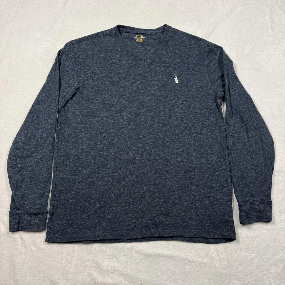 Polo Ralph Lauren Shirt Mens Medium Blue Heather V Neck Long‎ Sleeve Knit